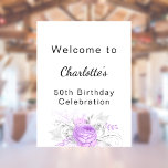 Birthday white violet flowers silver welcome poster<br><div class="desc">For an elegant 50th (or any age) birthday party. A chic white background. Decorated with violet and white florals,  roses and silver foliage.   Personalize and add name and age.</div>