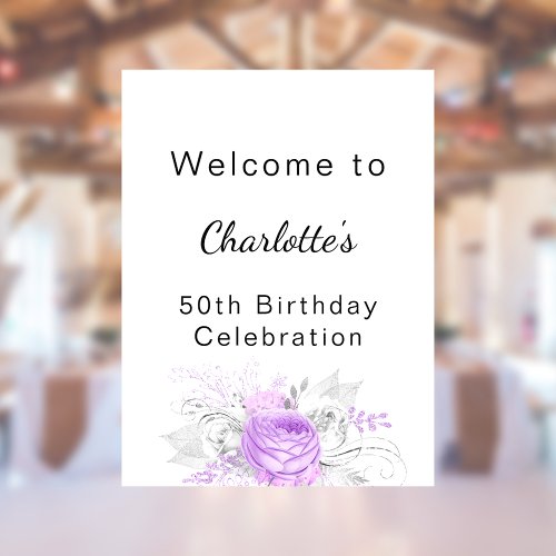 Birthday white violet flowers silver welcome poster