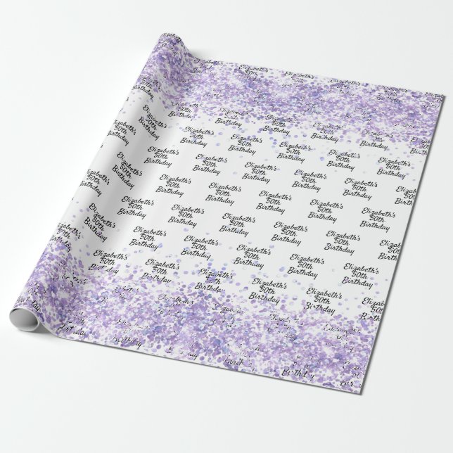 Birthday white violet lavender glitter name wrapping paper (Unrolled)
