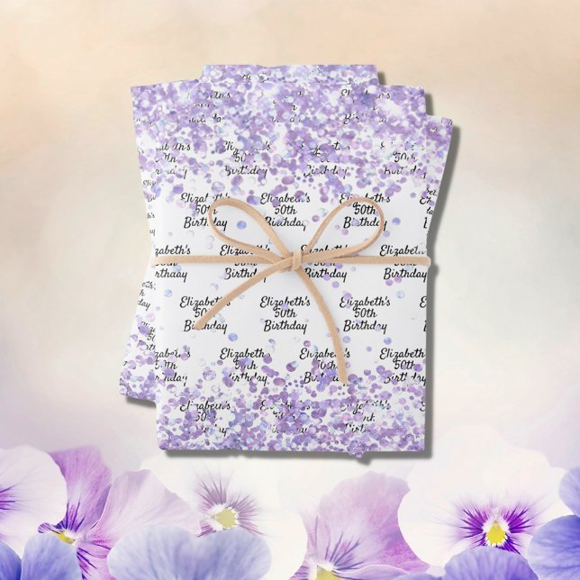 Birthday white violet lavender glitter name wrapping paper sheets (Creator Uploaded)