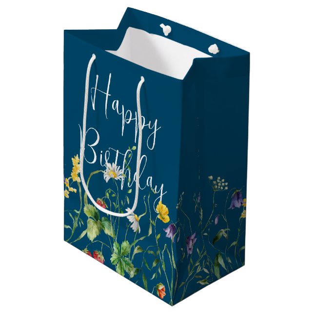 Birthday Wildflowers On Blue Medium Gift Bag (Front Angled)