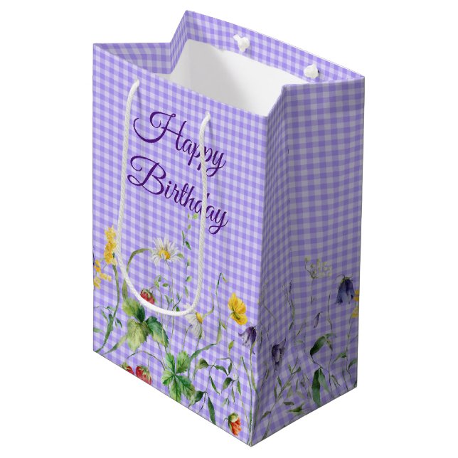 Birthday Wildflowers On Purple Gingham Medium Gift Bag (Front Angled)