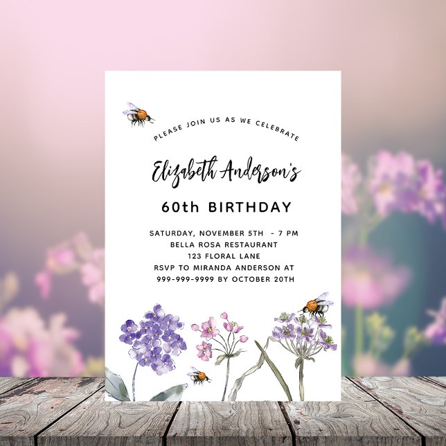 Birthday wildflowers violet pink bees  invitation postcard (Creator Uploaded)