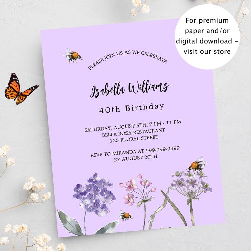 Birthday wildflowers violet pink budget invitation
