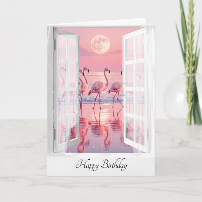 Birthday Window With Flamingos Card (Front)