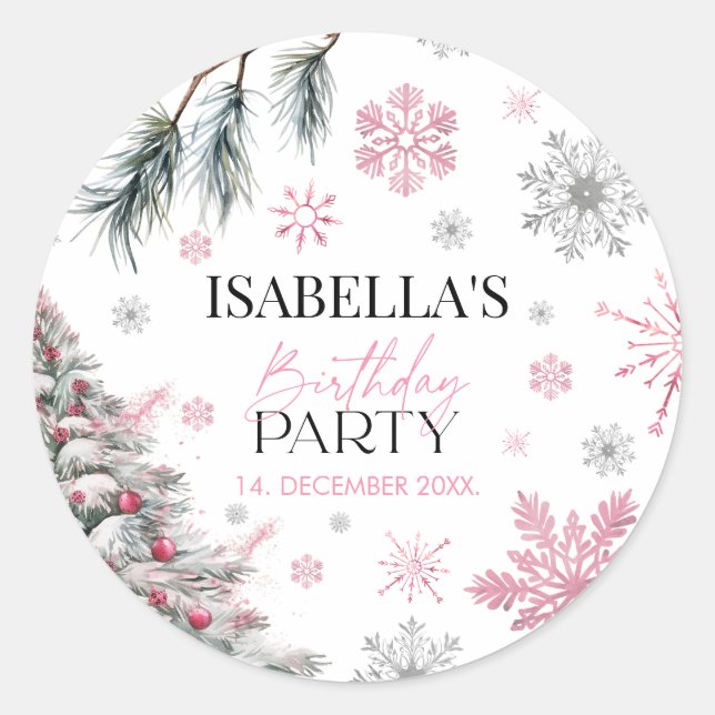 Birthday Winter Pink  Classic Round Sticker (Front)