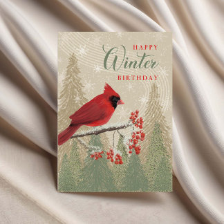 Birthday Winter Trees Berries and Cardinal Card