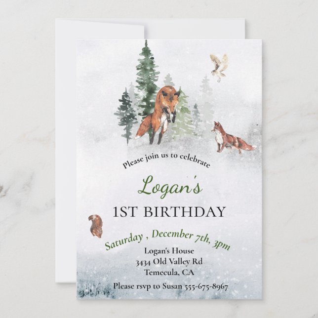 Birthday Winter Woodland Animal Fox Holiday Invitation (Front)