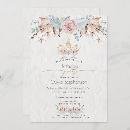 Birthday    Winter Woodland Floral Gold Unicorn Invitation