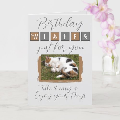 Birthday wishes add cat photo grey brown card