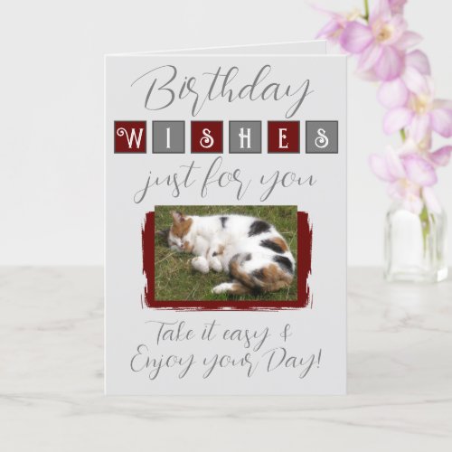 Birthday wishes add cat photo grey burgundy card