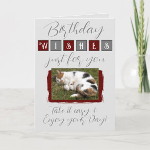 Birthday wishes add cat photo grey burgundy card
