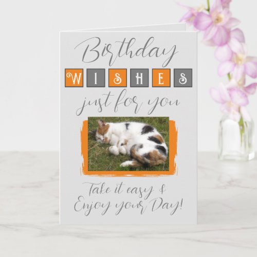 Birthday wishes add cat photo grey orange card