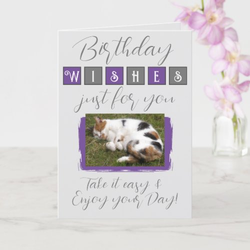 Birthday wishes add cat photo grey purple card