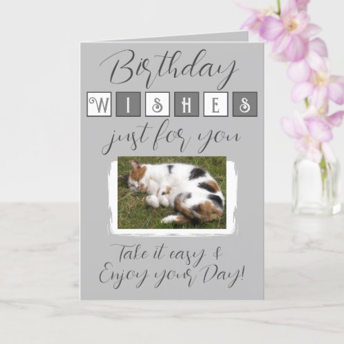 Birthday wishes add cat photo grey white card
