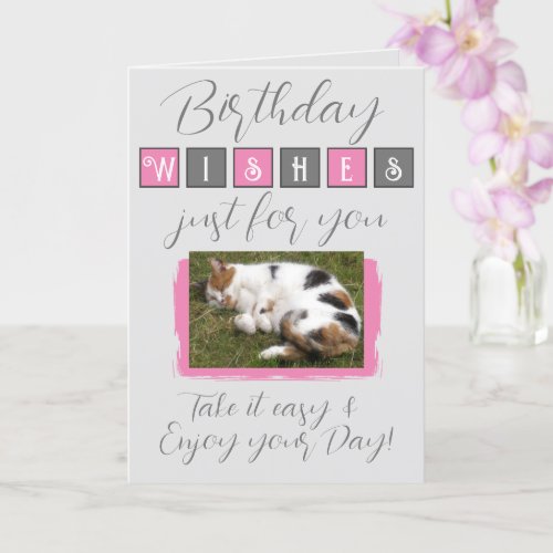 Birthday wishes add cat photo pink grey pink card