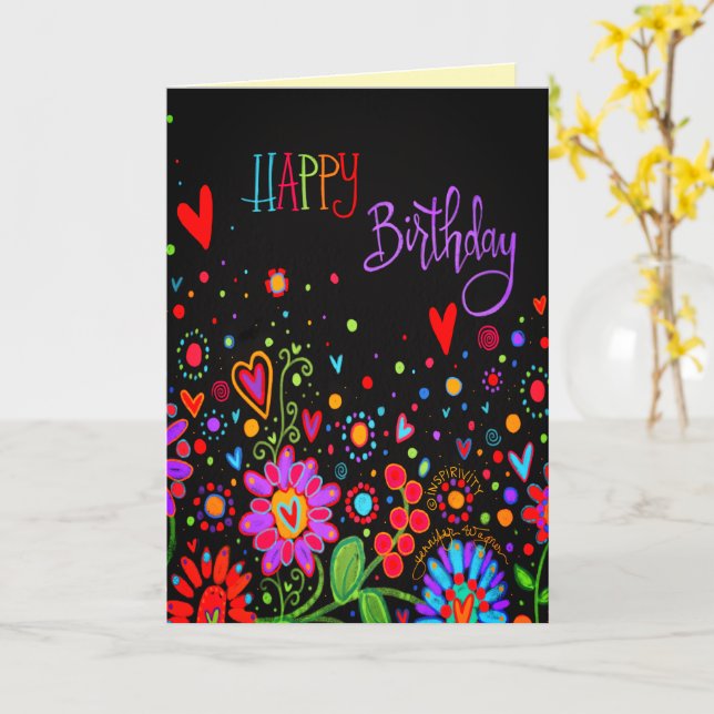 Birthday Wishes Black Colorful Modern Trendy  Card (Yellow Flower)