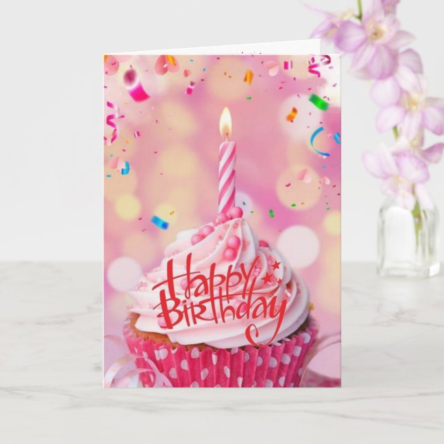 Birthday Wishes Cup Cake Pink Greeting Card (Orchid)