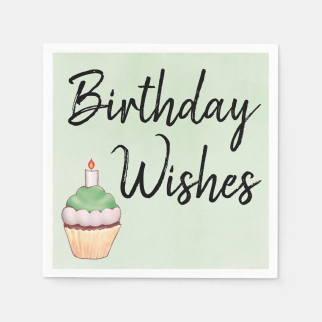 Birthday Wishes Cupcake Green Watercolor Napkins (Front)
