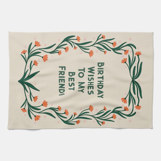 Birthday Wishes Elegant Floral Frame Kitchen Towel (Horizontal)