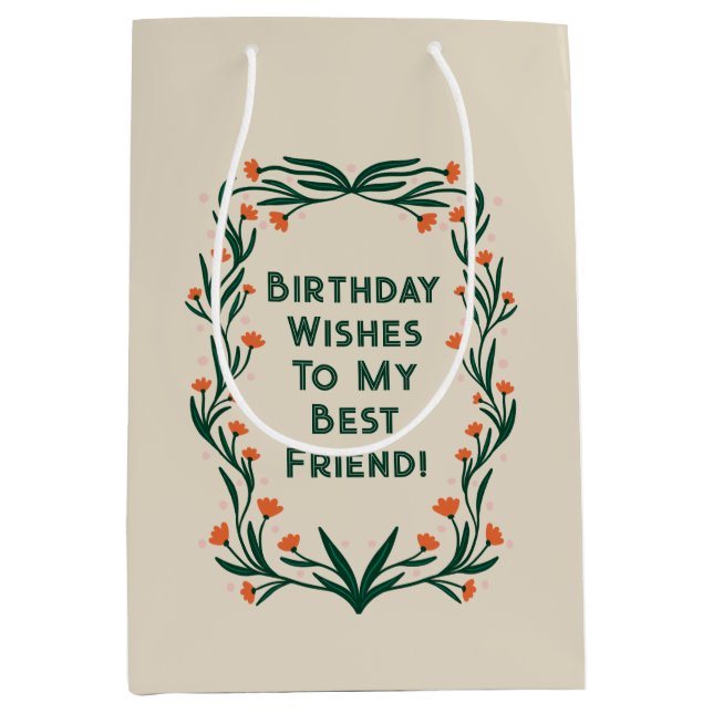 Birthday Wishes Elegant Floral Frame Medium Gift Bag (Front)