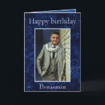 Birthday Wishes for Him Photo Card<br><div class="desc">Amazing birthday wishes for him, this photo card features a magnificent blue background with "Happy Birthday" written at the top using light blue font. There is a photo of your special man front and center. The bottom displays his name. The inside of the card has a warm message. Order yours...</div>