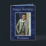 Birthday Wishes for Him Photo Card<br><div class="desc">Amazing birthday wishes for him, this photo card features a magnificent blue background with "Happy Birthday" written at the top using light blue font. There is a photo of your special man front and center. The bottom displays his name. The inside of the card has a warm message. Order yours...</div>