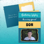 Birthday wishes special son blue photo card<br><div class="desc">Birthday wishes for a very special son / or personalize for another person.
Add your photo and a message.
Hope you have a brilliant day.
Black,  blue and yellow.</div>
