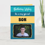 Birthday wishes special son blue photo card<br><div class="desc">Birthday wishes for a very special son / or personalize for another person.
Add your photo and a message.
Hope you have a brilliant day.
Black,  blue and yellow.</div>