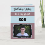 Birthday wishes special son plum card<br><div class="desc">Birthday wishes for a very special son / or personalize for another person.
Add your photo and a message.
Hope you have a brilliant day.
Black,  blue and plum.</div>