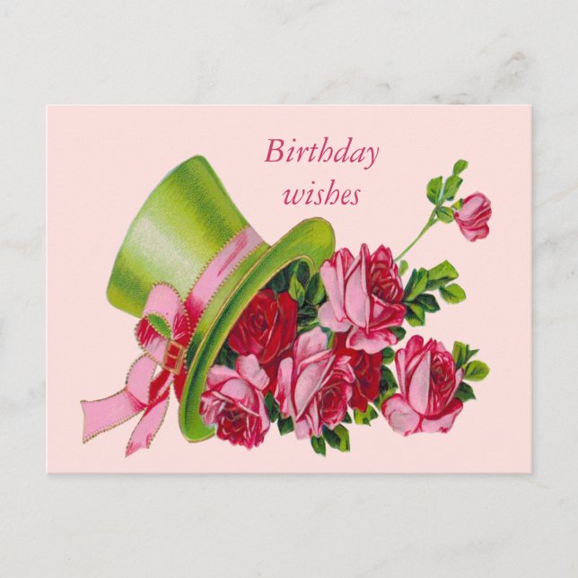 Birthday wishes, Top hat and roses Postcard (Front)