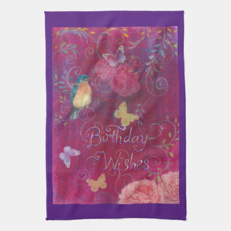 Birthday Wishes With Flowers Birds Butterfly Kitchen Towel