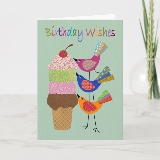 Birthday Wishes with Ice Cream and Birds Card (Front)