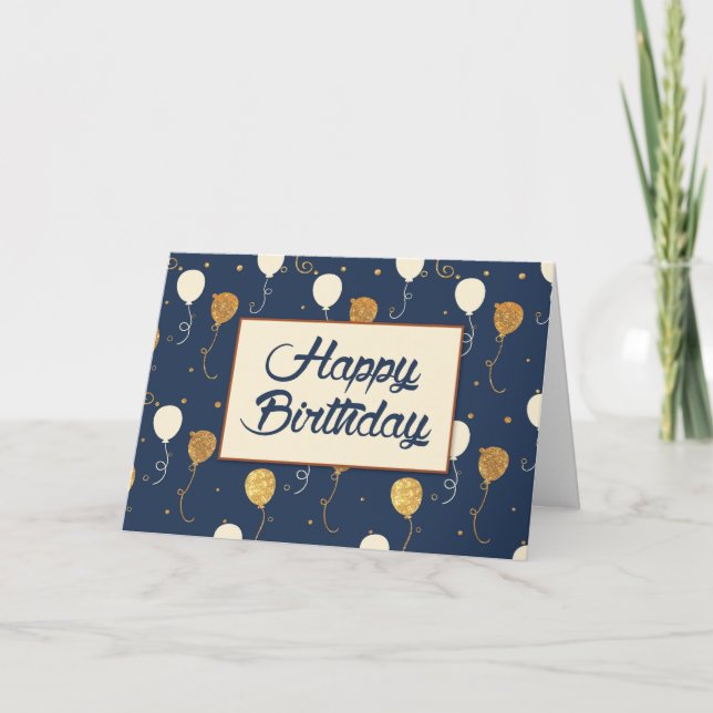 Birthday with Gold Balloons on Navy Blue Card (Front)