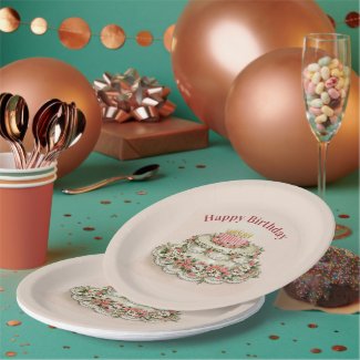 Birthday with Pretty Flower Decorated Cake Paper Plates
