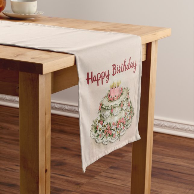 Birthday with Pretty Pink Flower Decorated Cake Short Table Runner (In Situ)
