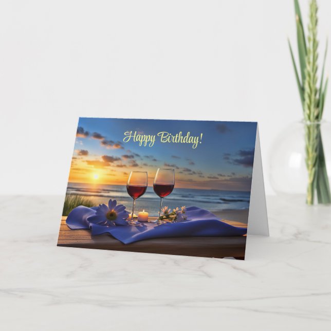 Birthday with Wine on the Beach Card (Front)