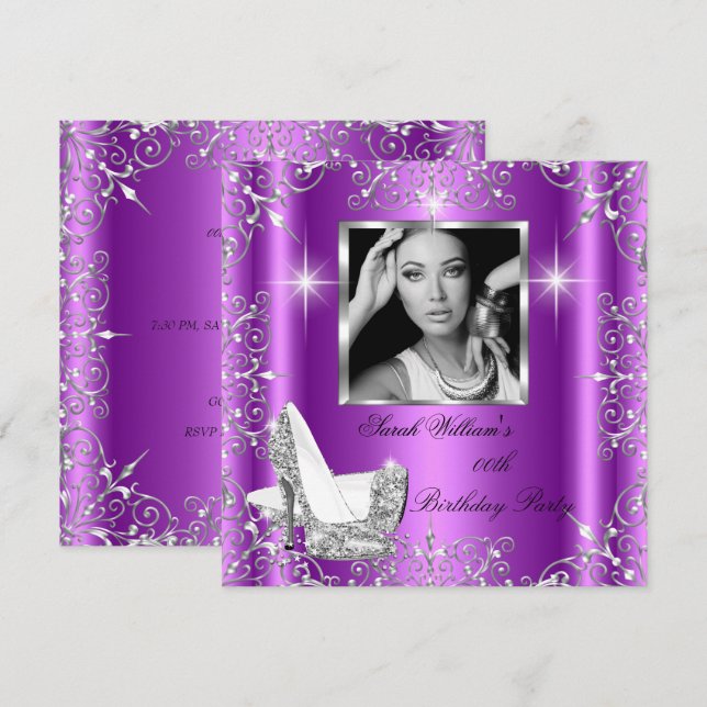 Birthday Women's Magenta Silver Heels Photo Invitation (Front/Back)