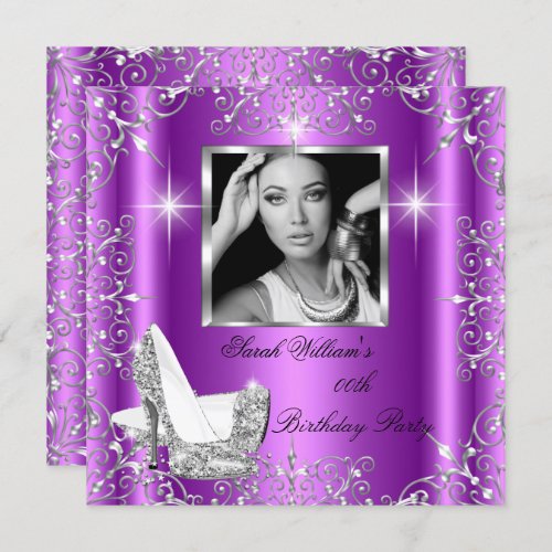 Birthday Womens Magenta Silver Heels Photo Invitation