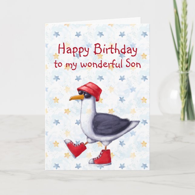 Birthday Wonderful Son Fun Cute Seagull Bird  Card (Front)