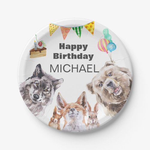 Birthday Woodland Animals Party Custom Watercolor Paper Plates