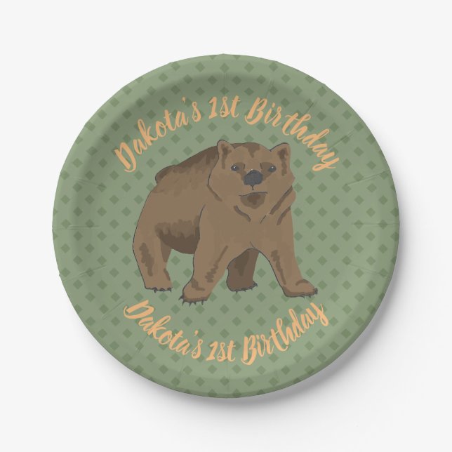 Birthday Woodland Brown Bear Cub Paper Plates (Front)