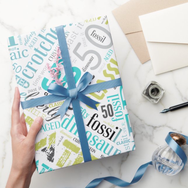 Birthday Word Cloud Fifty Blue ID266 Wrapping Paper (Gifting)