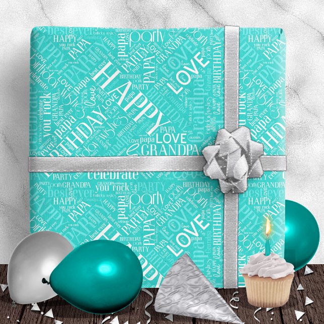 Birthday Word Cloud Grandpa Teal ID276 Wrapping Paper (Creator Uploaded)