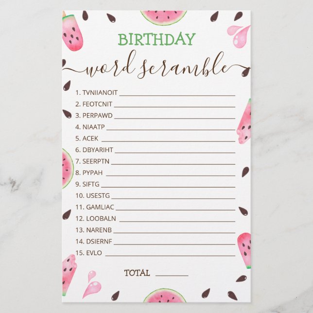 Birthday word scramble game with Answer Watermelon (Front)