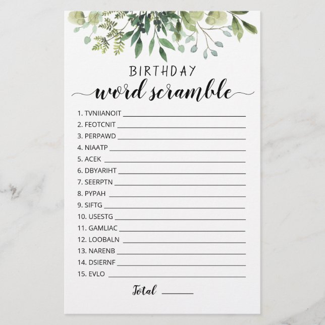 Birthday word scramble game with Answers (Front)