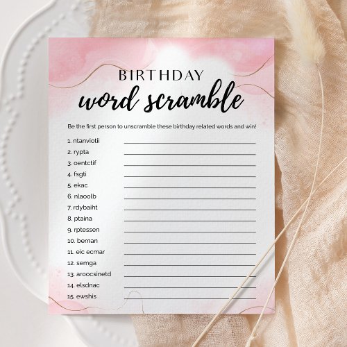 Birthday Word Scramble Rose Gold Party Game Card