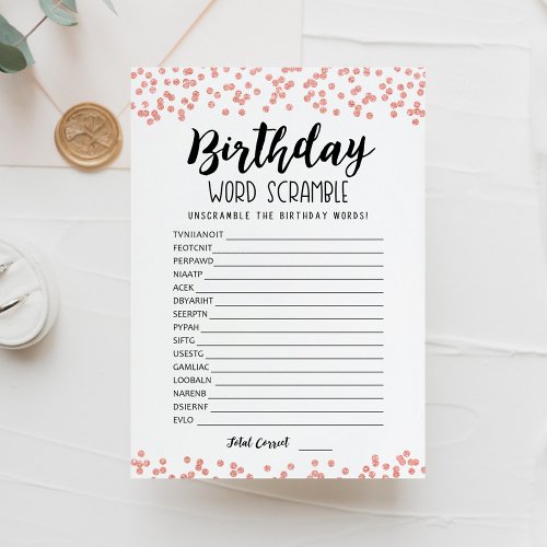 Birthday word scramble with Answers game Card
