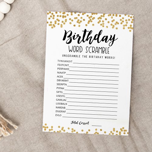 Birthday word scramble with Answers game Card