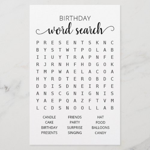 Birthday Word search game Birthday party